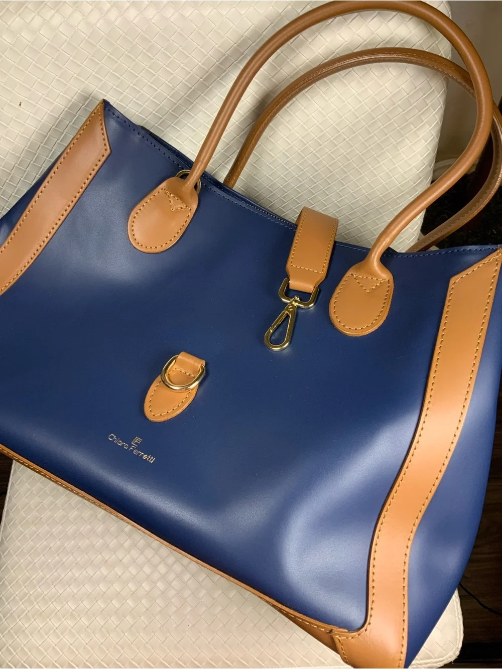 Chiara Ferretti Navy and Tan Leather Tote with Gold Hardware